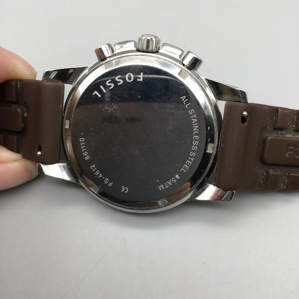 Fossil Mens Watch 45mm Brown Dial Silicone Chronograph Date FS-4612 New Battery